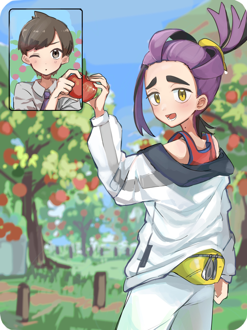 2boys, absurdres, apple, bag, black_hair, brown_eyes, brown_hair, collared_shirt, day, florian_(pokemon), food, fruit, grey_shirt, highres, holding, holding_food, holding_fruit, jacket, kieran_(pokemon), long_sleeves, looking_at_viewer, male_focus, mole, mole_on_neck, multiple_boys, off_shoulder, one_eye_closed, ooamekeihou, open_mouth, outdoors, parted_lips, pokemon, pokemon_sv, purple_hair, red_tank_top, school_uniform, shirt, shorts, sky, tank_top, tree, uva_academy_school_uniform, video_call, white_jacket, white_shorts, yellow_bag, yellow_eyes