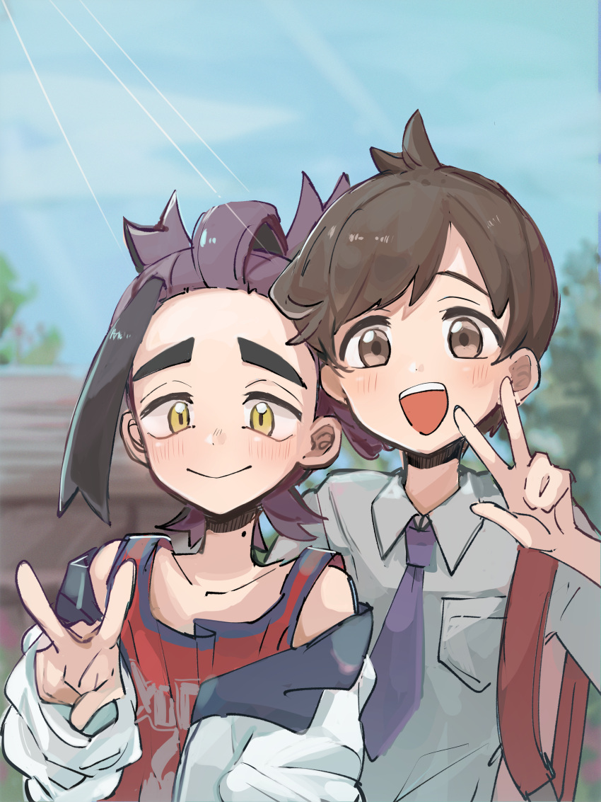 2boys, absurdres, backpack, bag, black_hair, blurry, blurry_background, blush