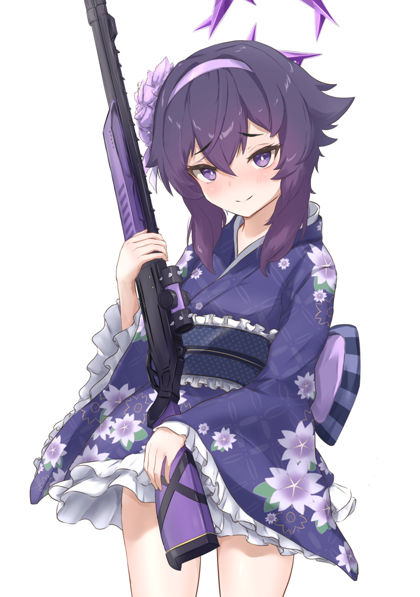 1girl, blue_archive, blush, commentary_request, cowboy_shot, fabarm_fp6, floral_print_kimono, flower
