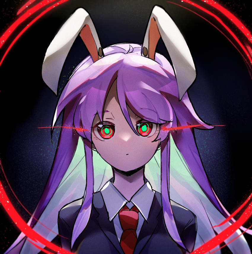 1girl, animal_ears, black_background, blazer, breasts, collared_shirt, colored_inner_hair, green_pupils