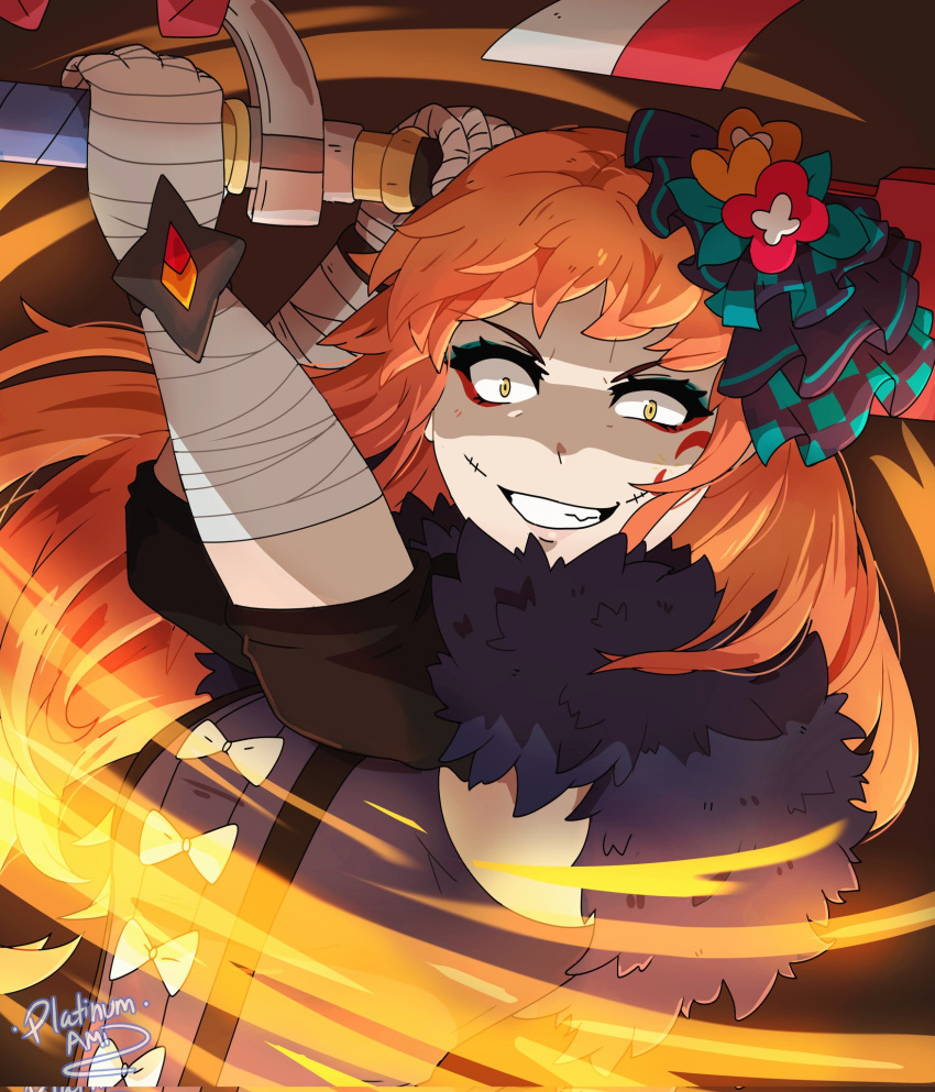 1girl, axe, bandaged_arm, bandages, black_dress, corrupted_twitter_file, dress, facial_mark