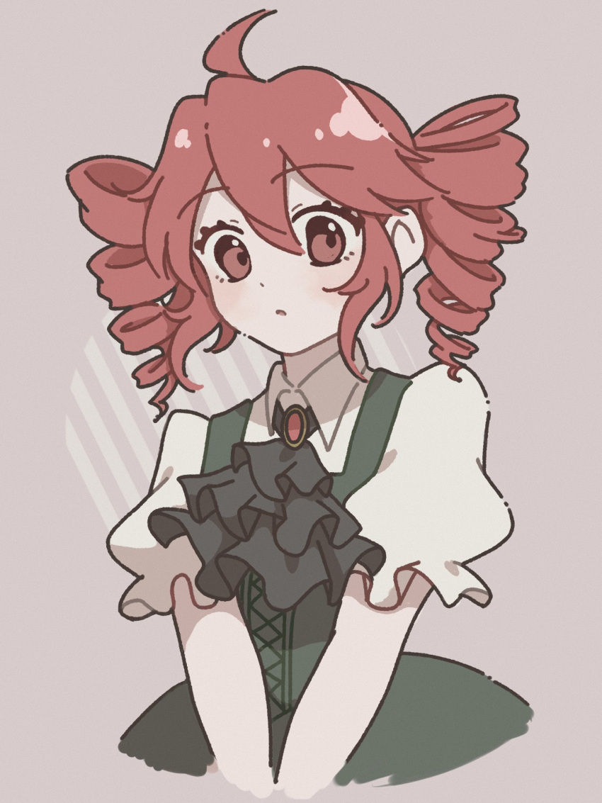 alternate_costume, ascot, black_ascot, black_dress, dress, drill_hair, highres, kasane_teto, looking_at_viewer, ontama_carbonara, own_hands_together, pinafore_dress, puffy_sleeves, red_brooch, red_eyes, redhead, sleeveless, sleeveless_dress, twin_drills, twintails, utau