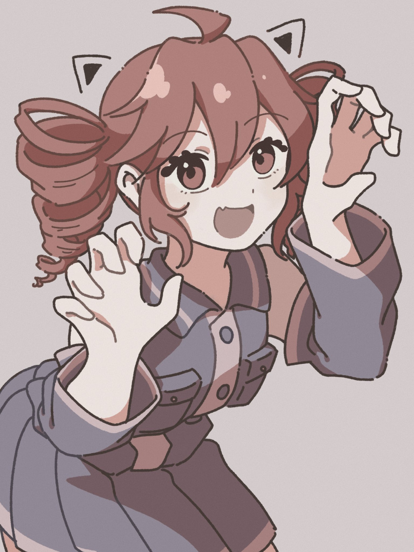 1girl, ahoge, animal_ears, cat_ears, detached_sleeves, drawn_ears, drill_hair, fang