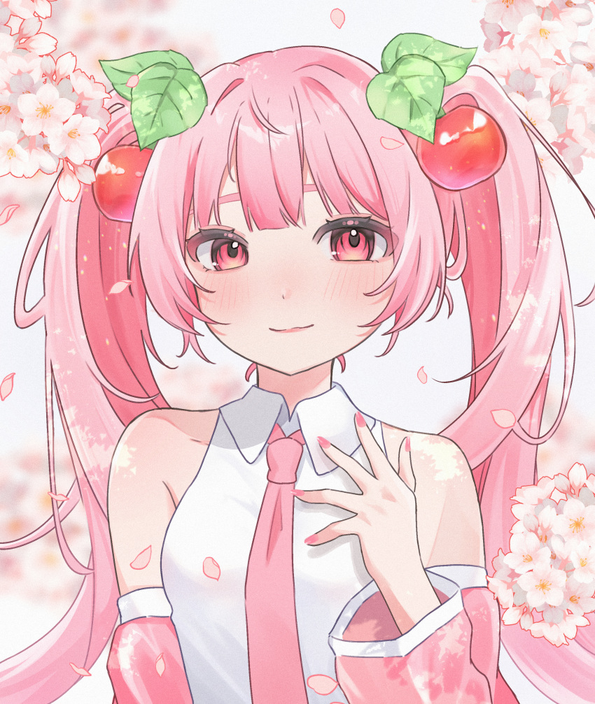 1girl, absurdres, cherry_blossoms, cherry_hair_ornament, collared_shirt, detached_sleeves, food-themed_hair_ornament, hair_ornament