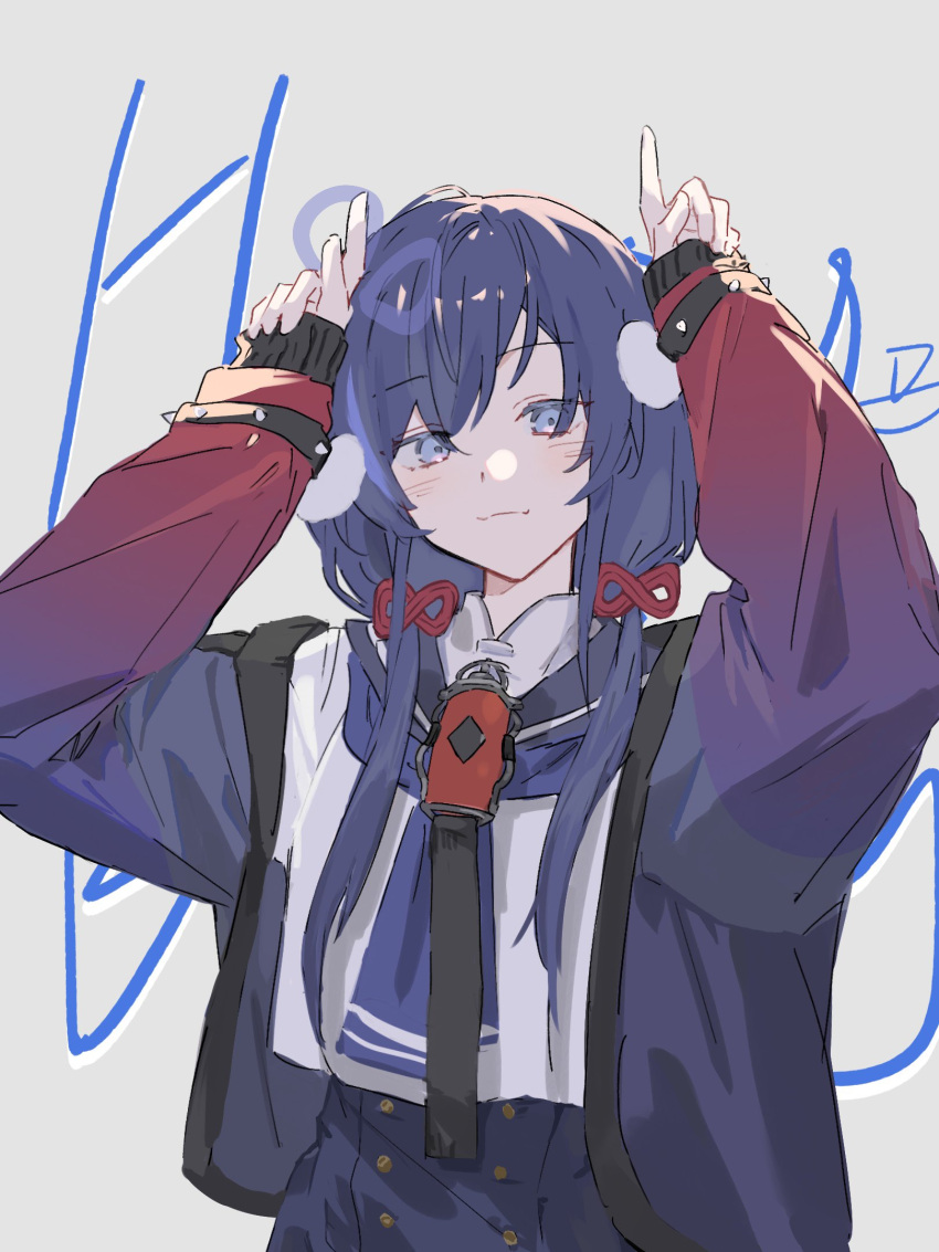 1girl, black_sailor_collar, blue_eyes, blue_neckerchief, blue_skirt, blush, buttons, chuanzhoujikou