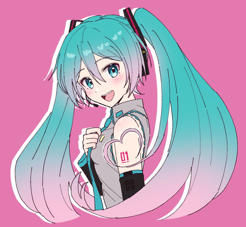 1girl, :d, arm_at_side, bare_shoulders, black_sleeves, blue_eyes, blue_hair, blue_necktie