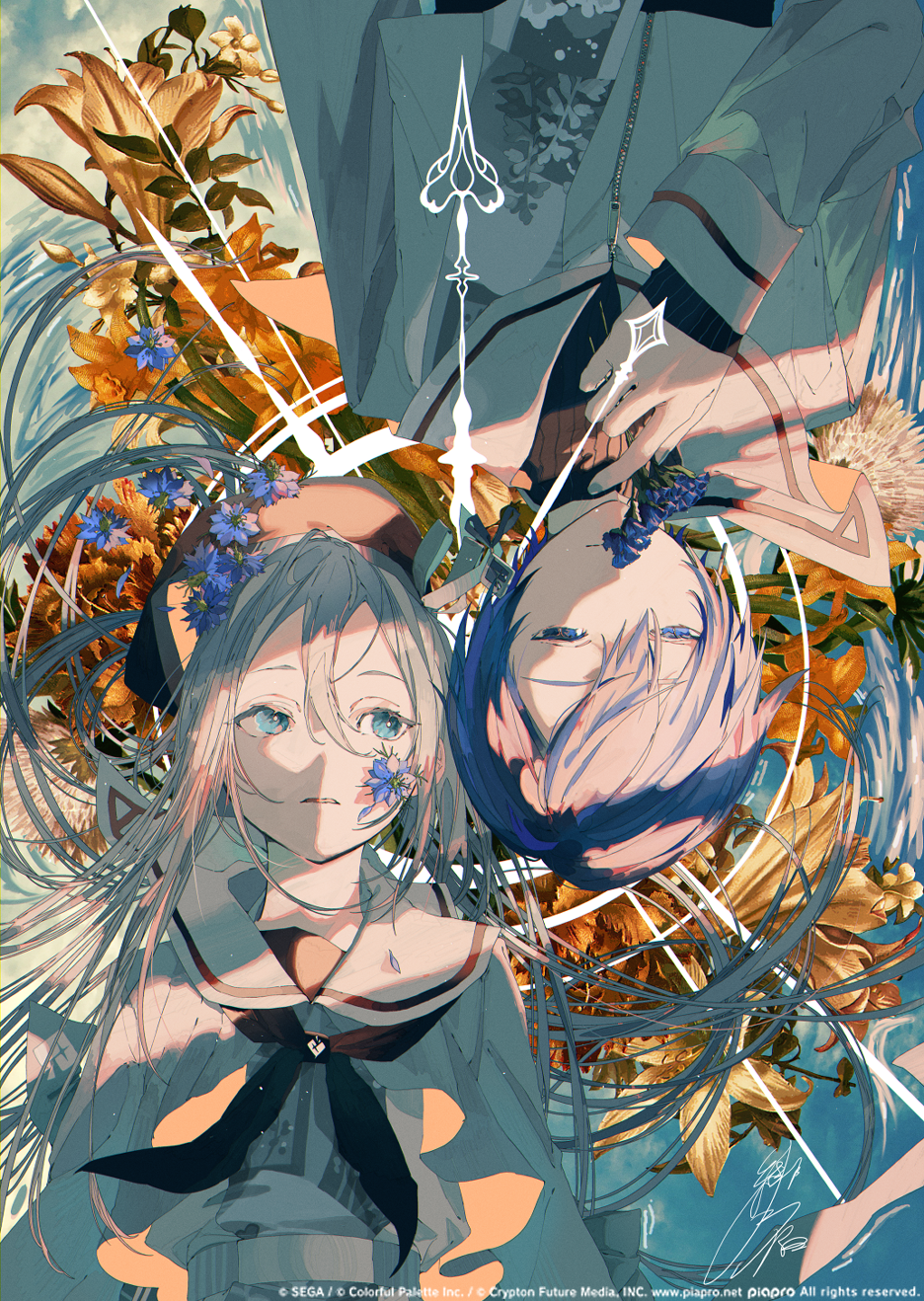 1boy, 1girl, 25-ji_kaito, ano_hi_kanadeta_neiro_wo_(project_sekai), aqua_eyes, belt, beret, black_hat