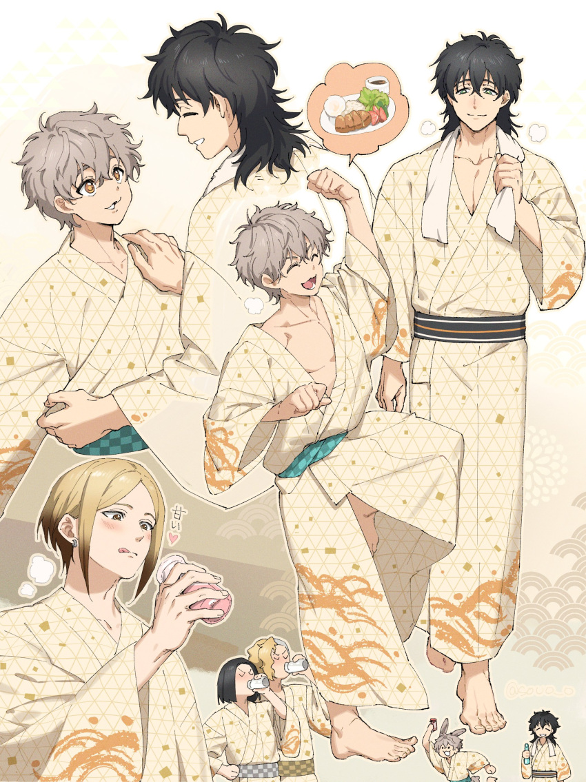5boys, absurdres, animal_ears, arm_up, bath_yukata, black_hair, blonde_hair, blush