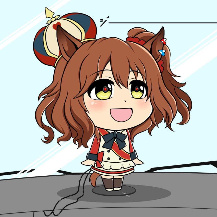 1girl, animal_ears, aston_machan_(umamusume), blush, brown_eyes, brown_hair, commentary_request, crown, glowing, glowing_eyes, green_eyes, hair_ornament, harenchinschool, highres, horse_ears, horse_tail, open_mouth, solo, standing, tail, thigh-highs, umamusume, window, wire