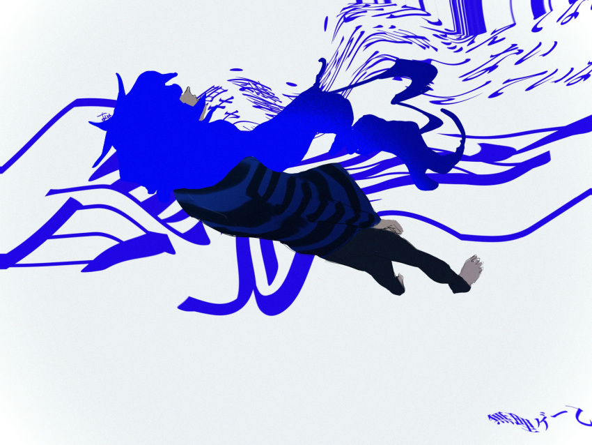 1boy, ake_karashi, barefoot, blue_hair, blue_shirt, blue_theme, commentary_request, full_body, highres, idia_shroud, long_hair, male_focus, shirt, solo, striped_clothes, striped_shirt, translation_request, twisted_wonderland, very_long_hair, white_background