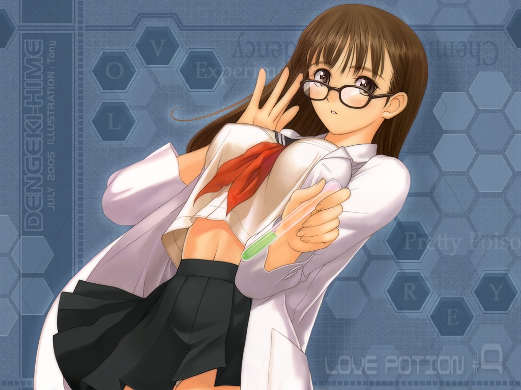 breasts, brown_eyes, brown_hair, dengeki_hime, dutch_angle, glasses, labcoat, large_breasts
