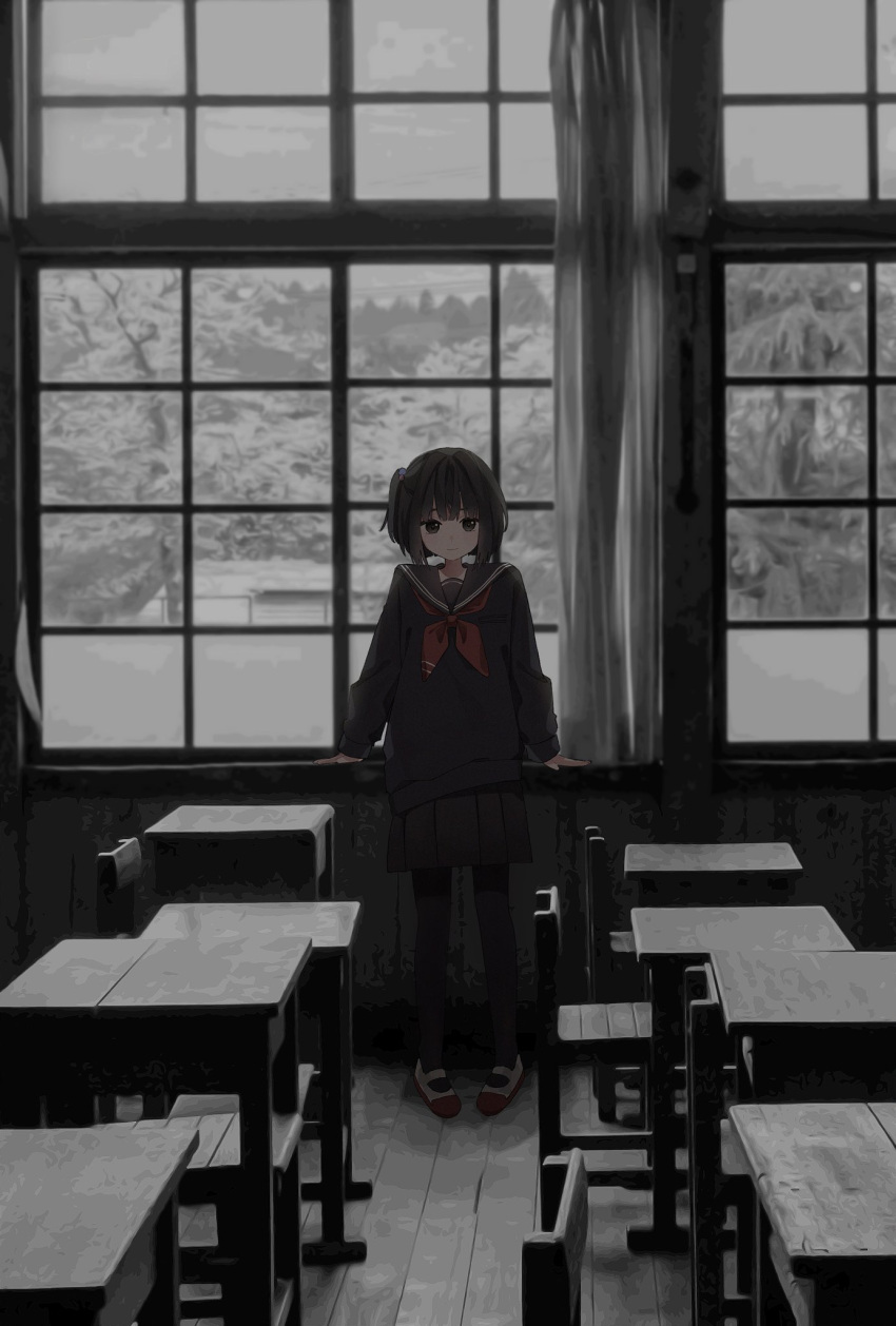 1girl, amemori_sayo, arm_rest, arms_at_sides, arw_wf, black_eyes, black_hair, black_pantyhose