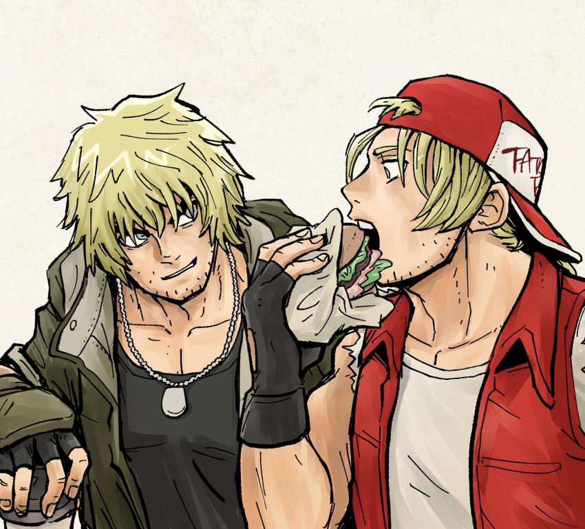 2boys, absurdres, arm_up, backwards_hat, bare_shoulders, baseball_cap, beard_stubble, black_gloves
