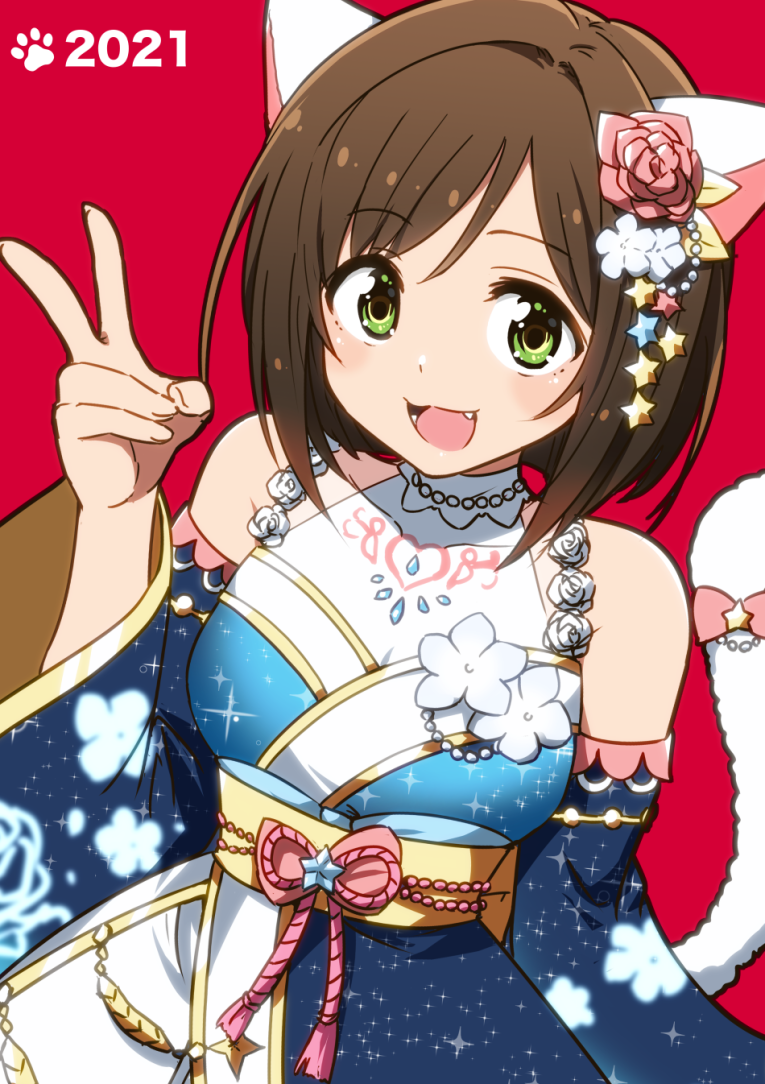 1girl, 2021, :3, animal_ears, blue_kimono, blush, breasts, brown_hair, cat_ears, cat_tail, detached_sleeves, dot_nose, fake_animal_ears, fake_tail, fang, floral_print_sleeves, flower, footprints, gold_trim, green_eyes, hair_flower, hair_ornament, hand_up, idolmaster, idolmaster_cinderella_girls, idolmaster_cinderella_girls_starlight_stage, japanese_clothes, kidachi, kimono, large_breasts, long_sleeves, looking_at_viewer, maekawa_miku, obi, obiage, obijime, open_mouth, pink_flower, pink_ribbon, pink_rose, red_background, ribbon, rose, sash, short_hair, simple_background, sleeveless, sleeveless_kimono, smile, solo, star_(symbol), star_hair_ornament, tail, tail_ornament, tail_ribbon, upper_body, v, white_flower, wide_sleeves