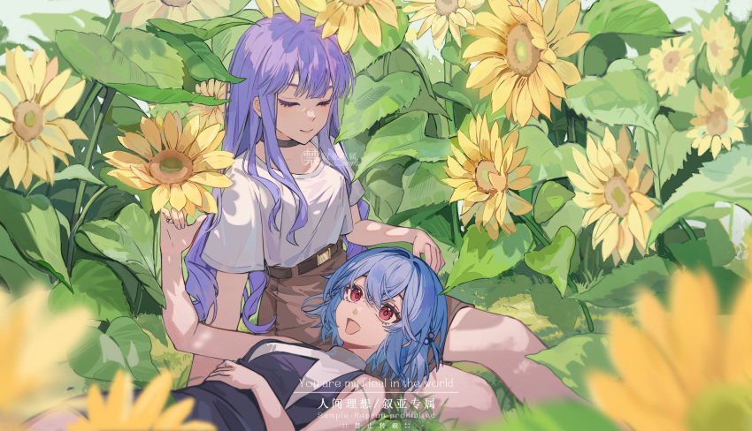 2girls, absurdres, belt, closed_eyes, day, dress, field, flower