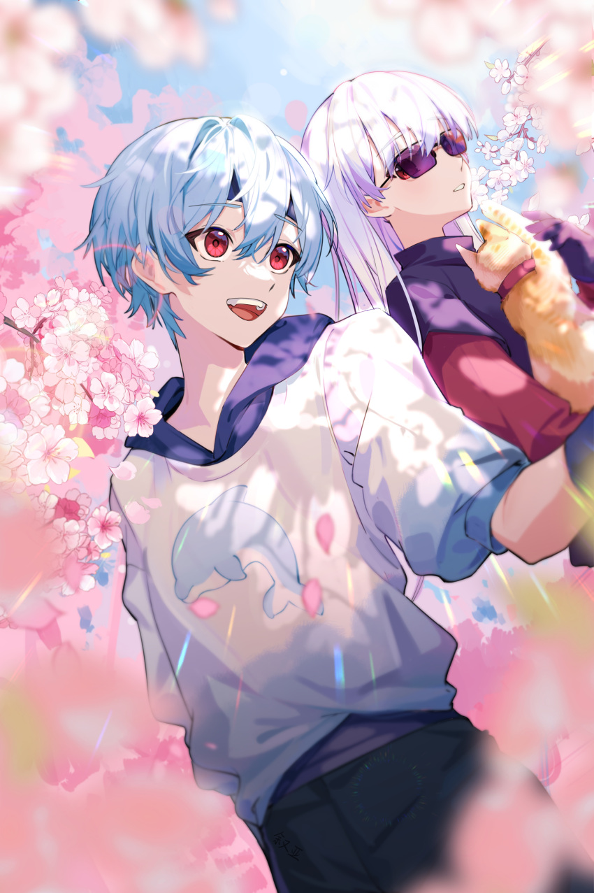 1boy, 1girl, absurdres, animal, black_pants, branch, cherry_blossoms, day