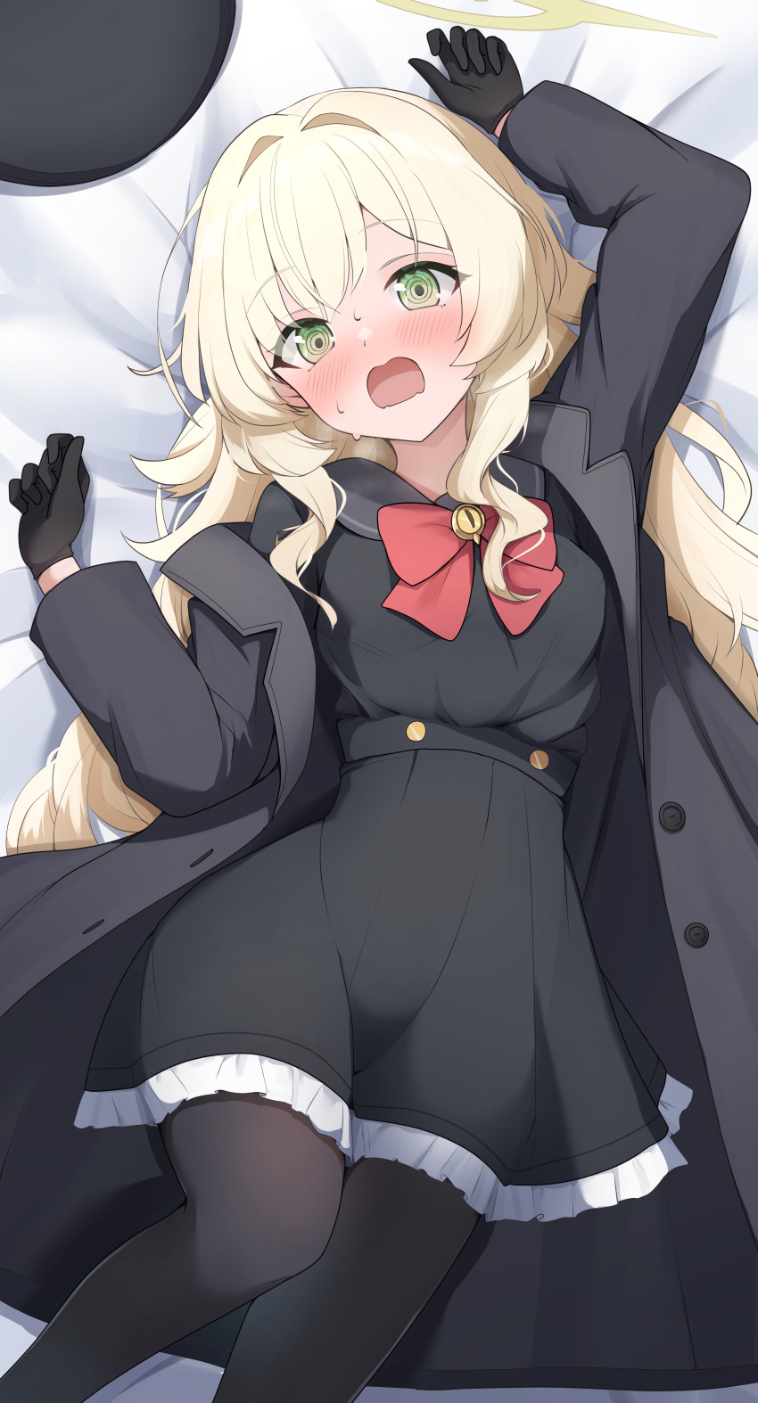 1girl, absurdres, aoto_mei, arm_up, black_coat, black_dress, black_gloves, black_hat