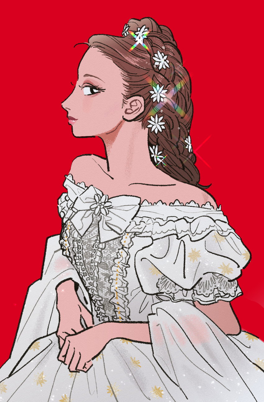 1girl, absurdres, ballroom_gown, bare_shoulders, bow, braid, brown_hair, closed_mouth