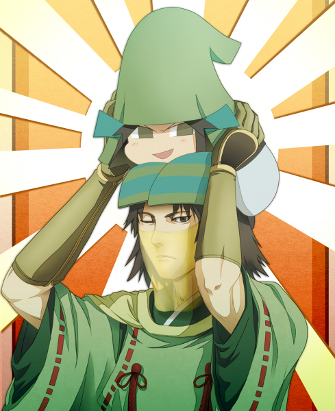 2boys, :d, armor, b-saku, brown_eyes, brown_hair, chibi, chibi_on_head