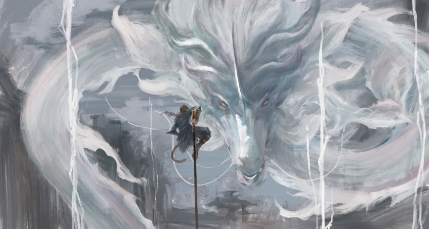 absurdres, black_myth:_wukong, contrast, dragon, highres, impasto, journey_to_the_west, monkey_tail