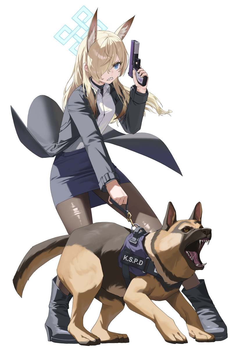 1girl, absurdres, alfie_(tmdals7645), alternate_costume, animal, animal_ear_fluff, animal_ears, black_footwear, black_jacket, blonde_hair, blue_archive, blue_eyes, boots, clenched_teeth, collared_shirt, commentary, dog, full_body, german_shepherd, gun, hair_over_one_eye, halo, handgun, highres, holding, holding_gun, holding_weapon, jacket, k9, kanna_(blue_archive), long_hair, long_sleeves, open_clothes, open_jacket, open_mouth, pantyhose, pencil_skirt, saliva, sharp_teeth, shirt, simple_background, skirt, standing, teeth, weapon, white_background, white_shirt