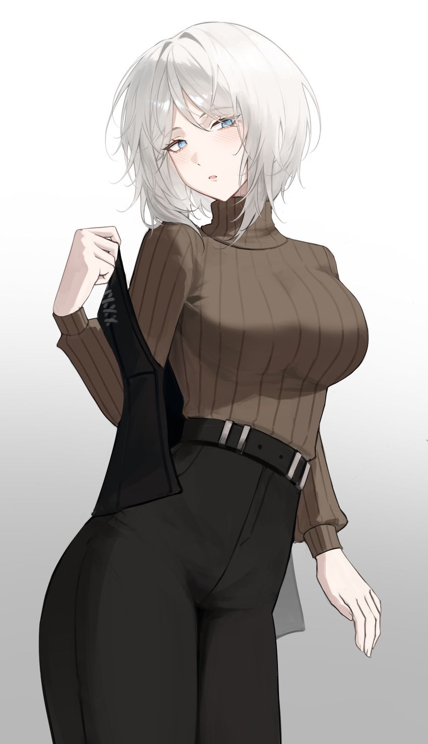 1girl, absurdres, belt, black_belt, black_pants, blue_eyes, breasts, brown_sweater