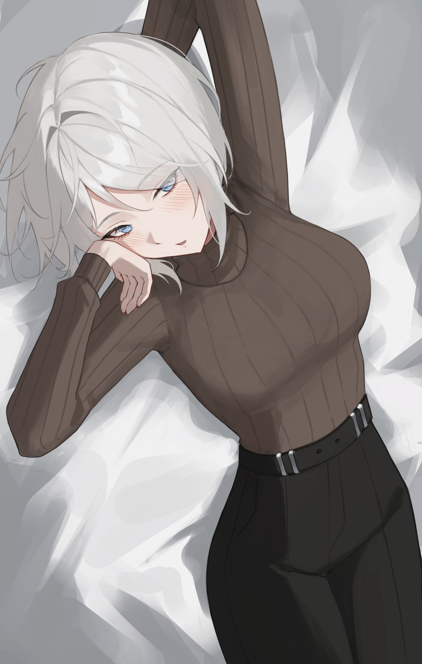 1girl, absurdres, arms_up, black_pants, blue_eyes, blush, breasts, brown_sweater, cowboy_shot, dutch_angle, eonyan_(chaeyang), faust_(project_moon), high-waist_pants, highres, large_breasts, limbus_company, lying, on_back, on_bed, pants, parted_lips, project_moon, ribbed_sweater, short_hair, solo, sweater, white_hair