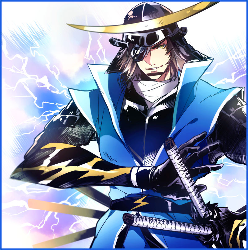1boy, armor, belt, black_gloves, blue_border, border, brown_hair, date_masamune_(sengoku_basara), eyepatch, gloves, grin, helmet, japanese_armor, kabuto_(helmet), katana, kkkaaaayyy, lightning, looking_at_viewer, male_focus, sengoku_basara, sheath, sheathed, short_hair, smile, solo, sword, upper_body, weapon, yellow_eyes
