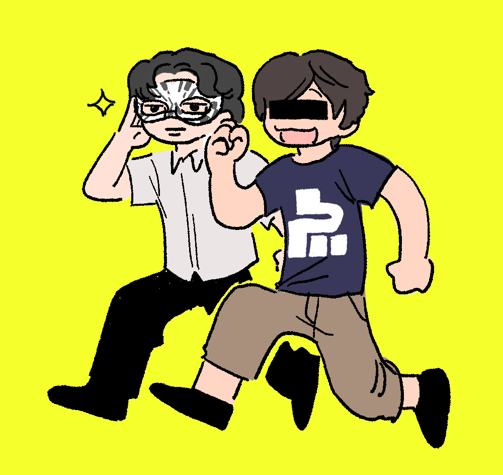 2boys, black_footwear, black_hair, black_shirt, brown_hair, censored, character_request, closed_mouth