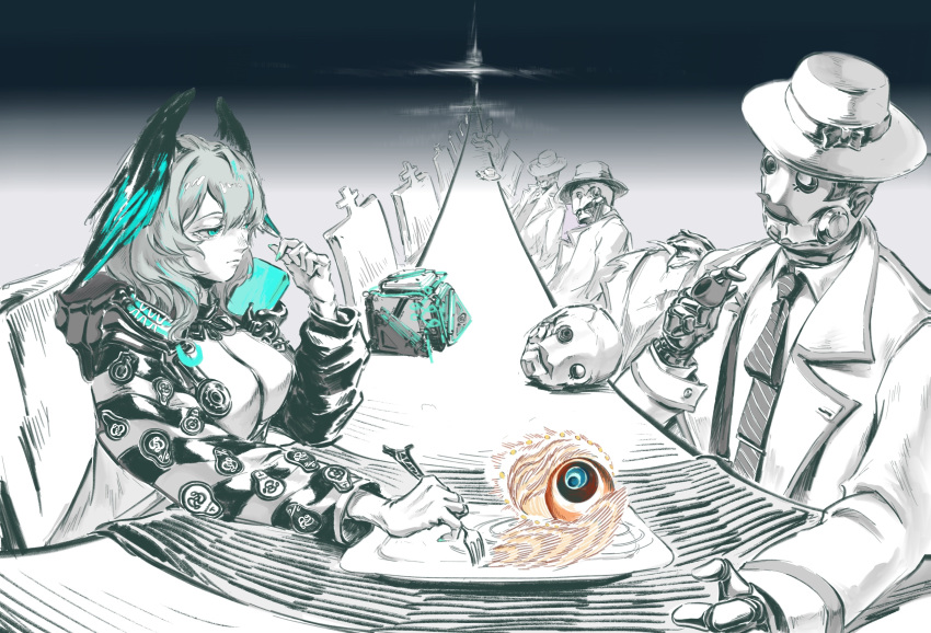 1boy, 1girl, absurdres, aqua_eyes, aqua_feathers, aqua_nails, aqua_wings, arknights