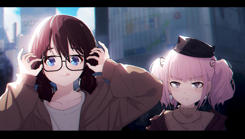 2girls, black_hat, blue_eyes, blurry, blurry_background, blush, borrowed_accessory, brown_hair