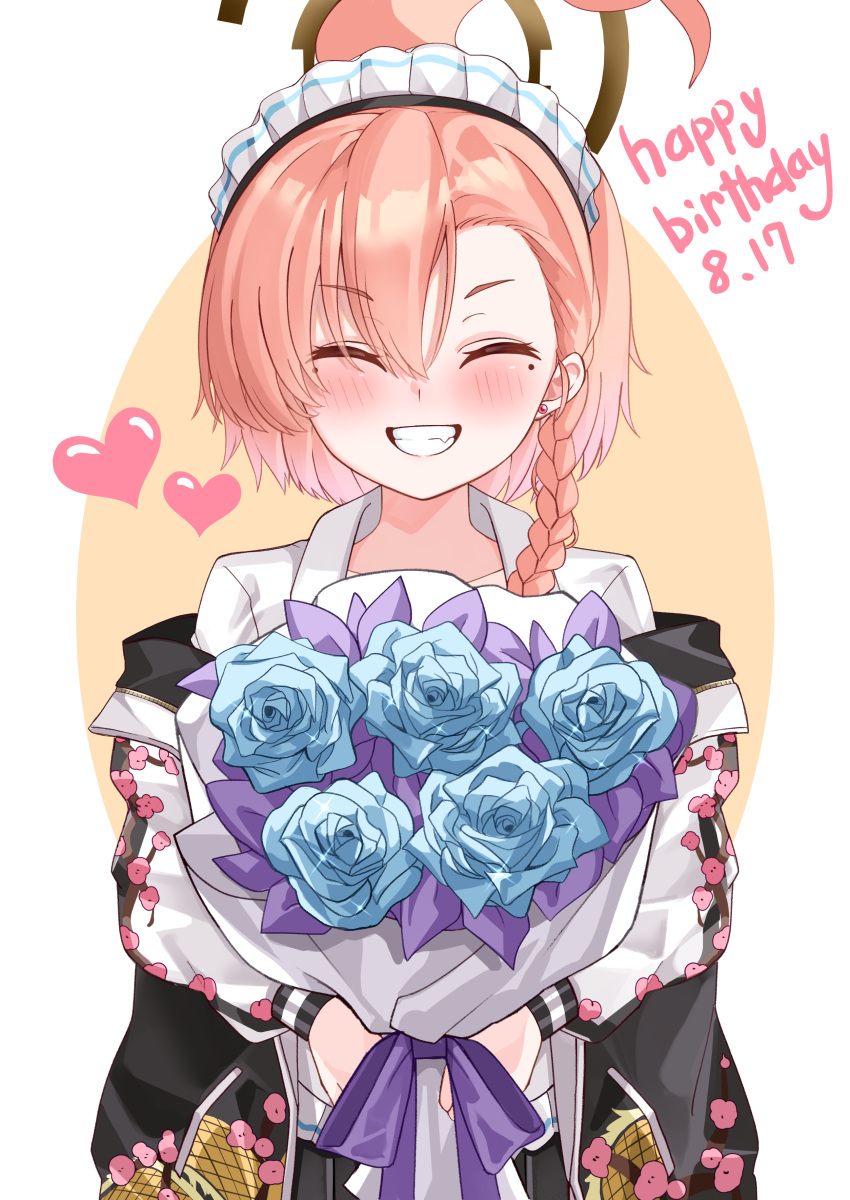 1girl, :d, ^_^, absurdres, ahoge, blue_archive, blue_flower, blue_rose, blush, bouquet, braid, closed_eyes, collared_shirt, commentary, dated, earrings, facing_viewer, fang, flower, grin, hair_between_eyes, hair_over_one_eye, halo, happy, happy_birthday, heart, highres, holding, holding_bouquet, huge_ahoge, jacket, jewelry, long_sleeves, mahoro_(minase_mahoro), maid, maid_headdress, mole, mole_under_each_eye, mole_under_eye, multiple_moles, neru_(blue_archive), orange_background, orange_hair, purple_ribbon, ribbon, rose, shirt, short_hair, simple_background, single_braid, smile, solo, stud_earrings, sukajan, two-tone_background, white_background, white_shirt