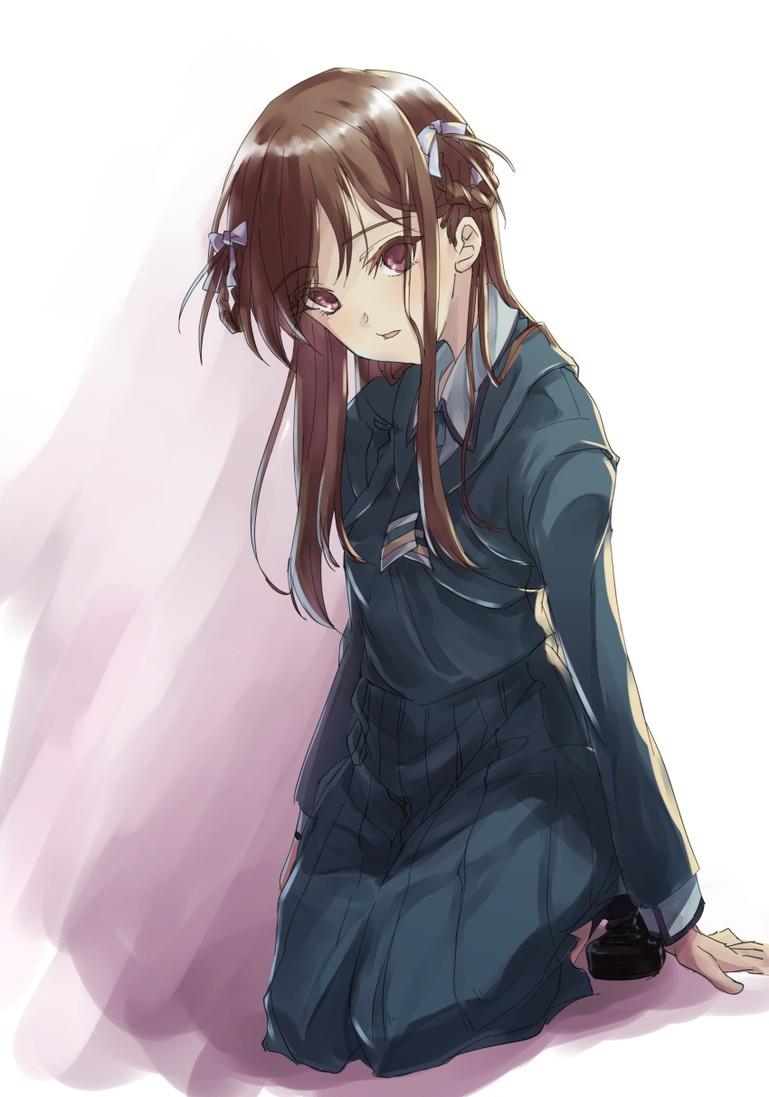 1girl, 22/7, absurdres, black_dress, black_footwear, black_necktie, blue_shirt, bow