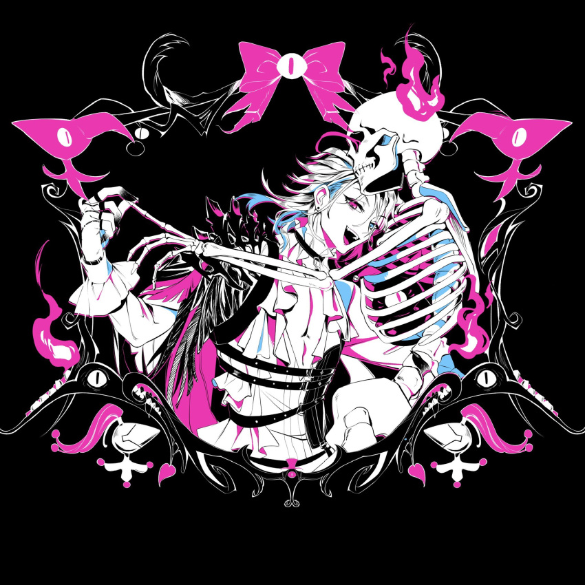 2boys, :d, arm_around_waist, bell, bettelion_(gavis_bettel), black_background, black_hands, blue_eyes