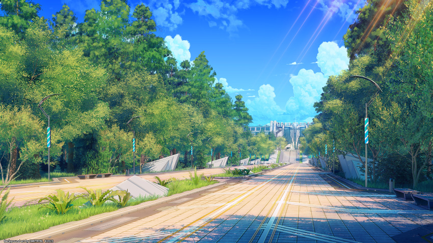 bench, blue_sky, building, clouds, cloudy_sky, commentary, copyright_request, day, dmitrybl, english_commentary, grass, highres, lamppost, no_humans, outdoors, park_bench, path, scenery, shade, sky, tree