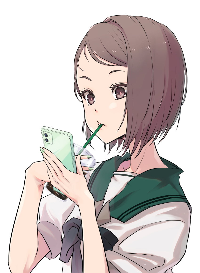 1girl, 22/7, black_bow, black_bowtie, bow, bowtie, cellphone, cup
