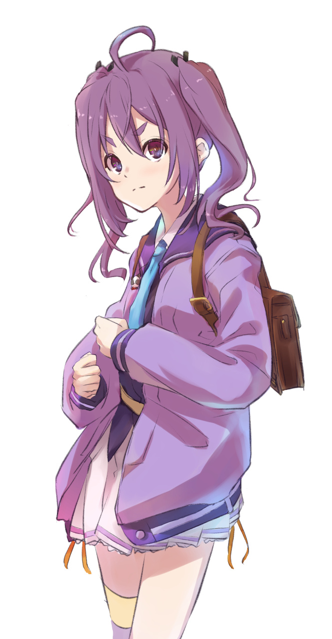 1girl, 22/7, ahoge, aqua_necktie, asymmetrical_legwear, backpack, bag, black_bow