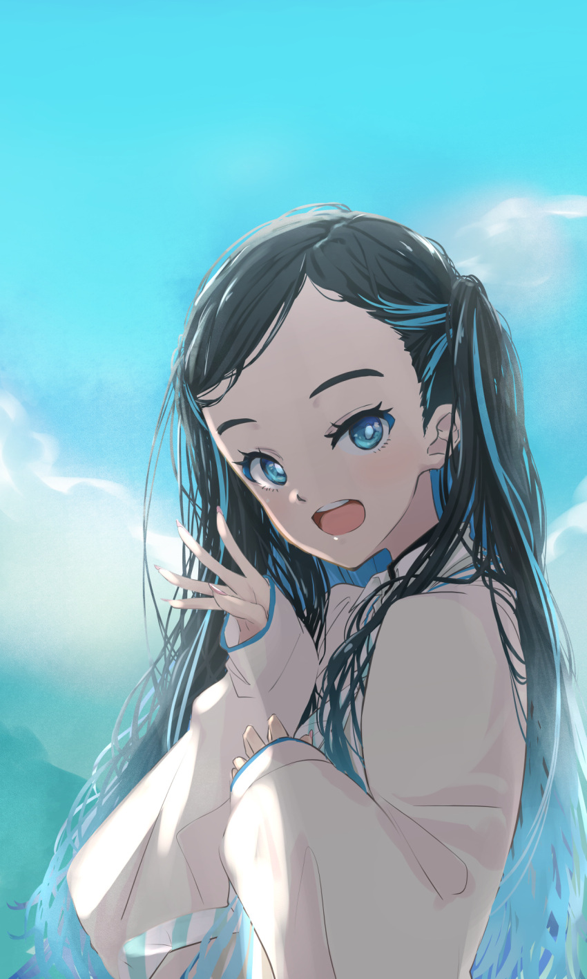 1girl, 22/7, :d, aqua_eyes, aqua_hair, black_hair, blue_sky, collared_shirt