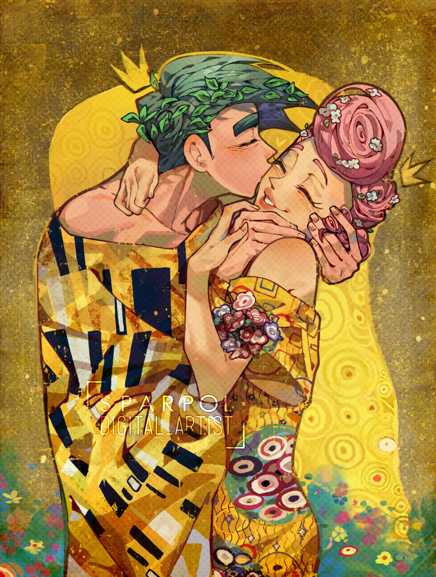 1boy, 1girl, absurdres, arm_around_neck, artist_name, bare_shoulders, blush, closed_eyes, collarbone, cosmo_(fairly_oddparents), couple, crown, dress, english_commentary, fine_art_parody, fingernails, flower, green_hair, hair_flower, hair_ornament, hand_on_another's_face, hetero, highres, kiss, kissing_cheek, leaf_hair_ornament, lips, long_sleeves, off-shoulder_dress, off_shoulder, parody, pink_hair, short_hair, short_sleeves, smile, sparkle_print, sparpol, spiral_background, standing, teeth, the_fairly_oddparents:_a_new_wish, the_kiss, wanda_(fairly_oddparents), watermark, white_flower, wide_sleeves, yellow_background, yellow_dress