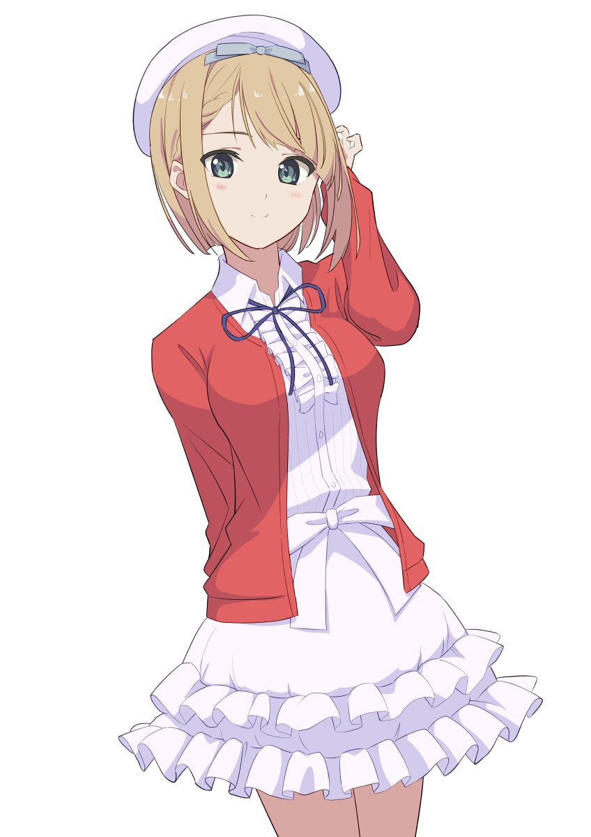 1girl, 22/7, arm_behind_back, black_ribbon, blonde_hair, blue_bow, blue_hairband, blush