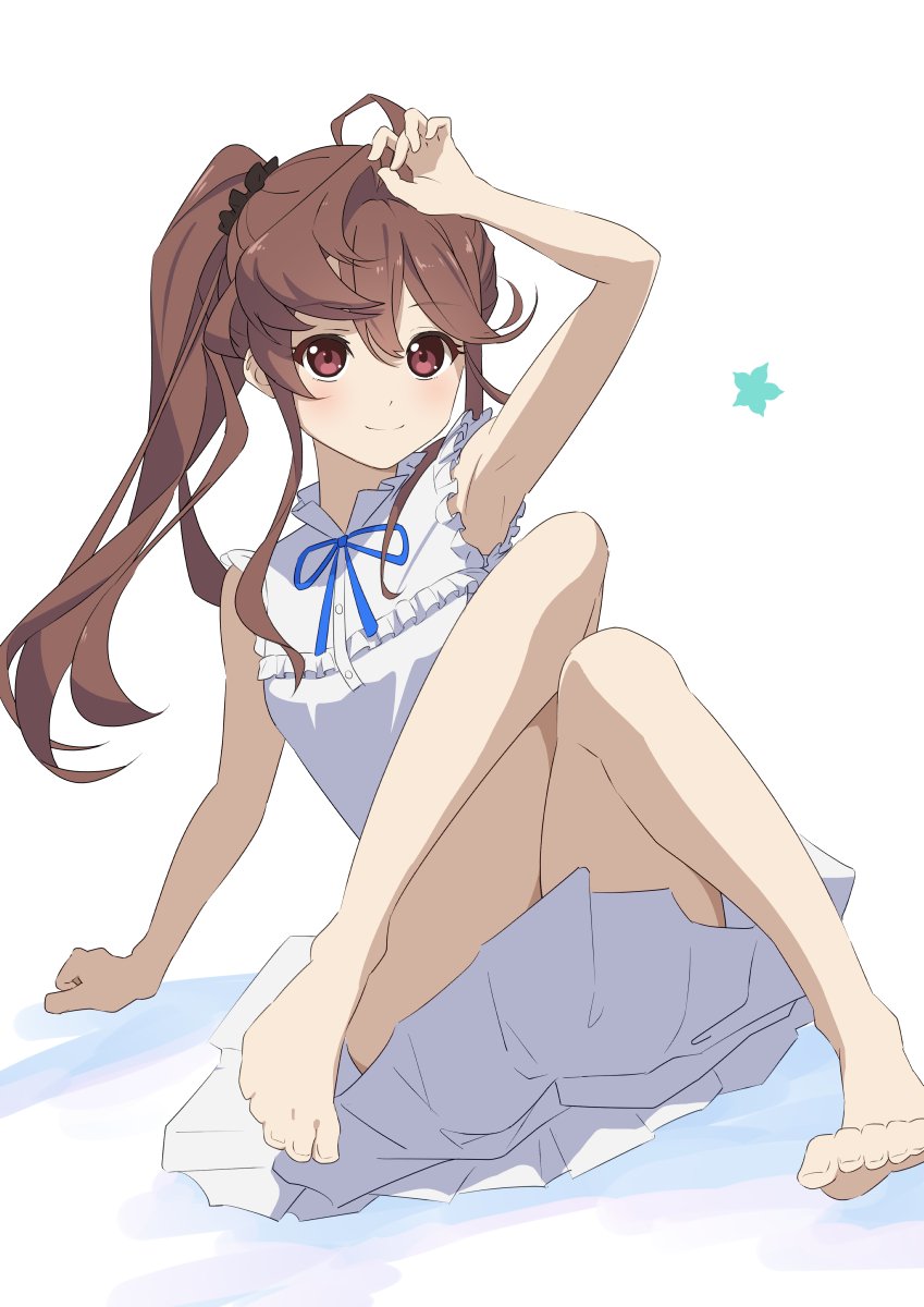 1girl, 22/7, ano_hi_mita_hana_no_namae_wo_bokutachi_wa_mada_shiranai., black_scrunchie, blue_ribbon, blush, brown_hair, closed_mouth, cosplay, dress, frilled_dress, frills, full_body, furumoto, hair_ornament, hair_scrunchie, hand_on_own_head, high_side_ponytail, highres, honma_meiko, honma_meiko_(cosplay), long_hair, looking_up, neck_ribbon, ribbon, scrunchie, sidelocks, sitting, sleeveless, sleeveless_dress, smile, solo, toda_jun, white_background, white_dress