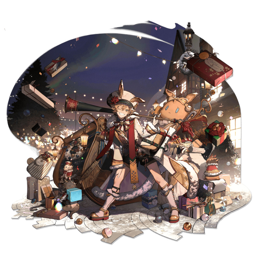 1boy, animal_ears, arknights, bag, bishounen, blonde_hair, bow, bowtie