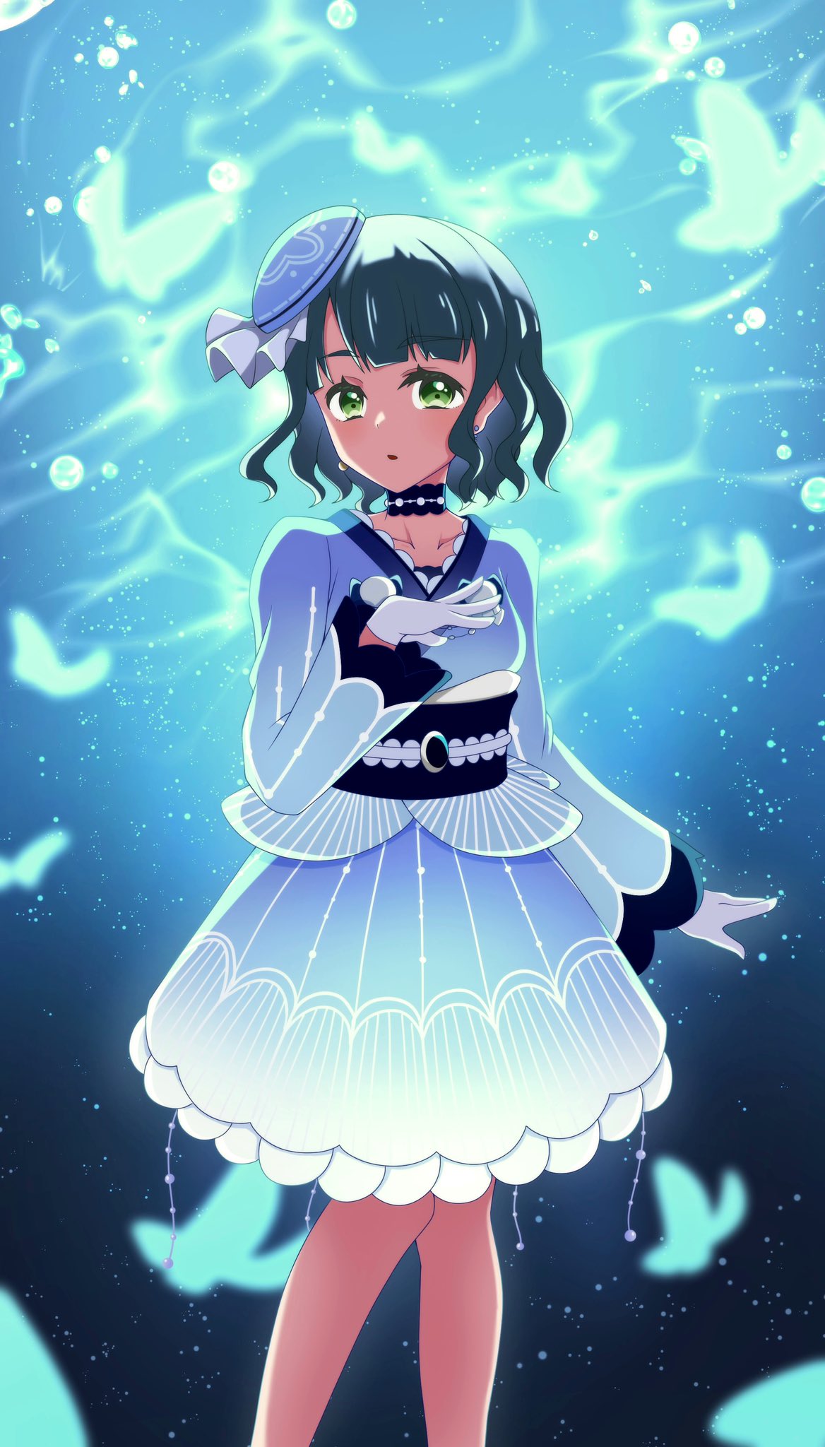 1girl, beret, black_hair, blue_hat, blue_kimono, blue_skirt, blunt_bangs, bug