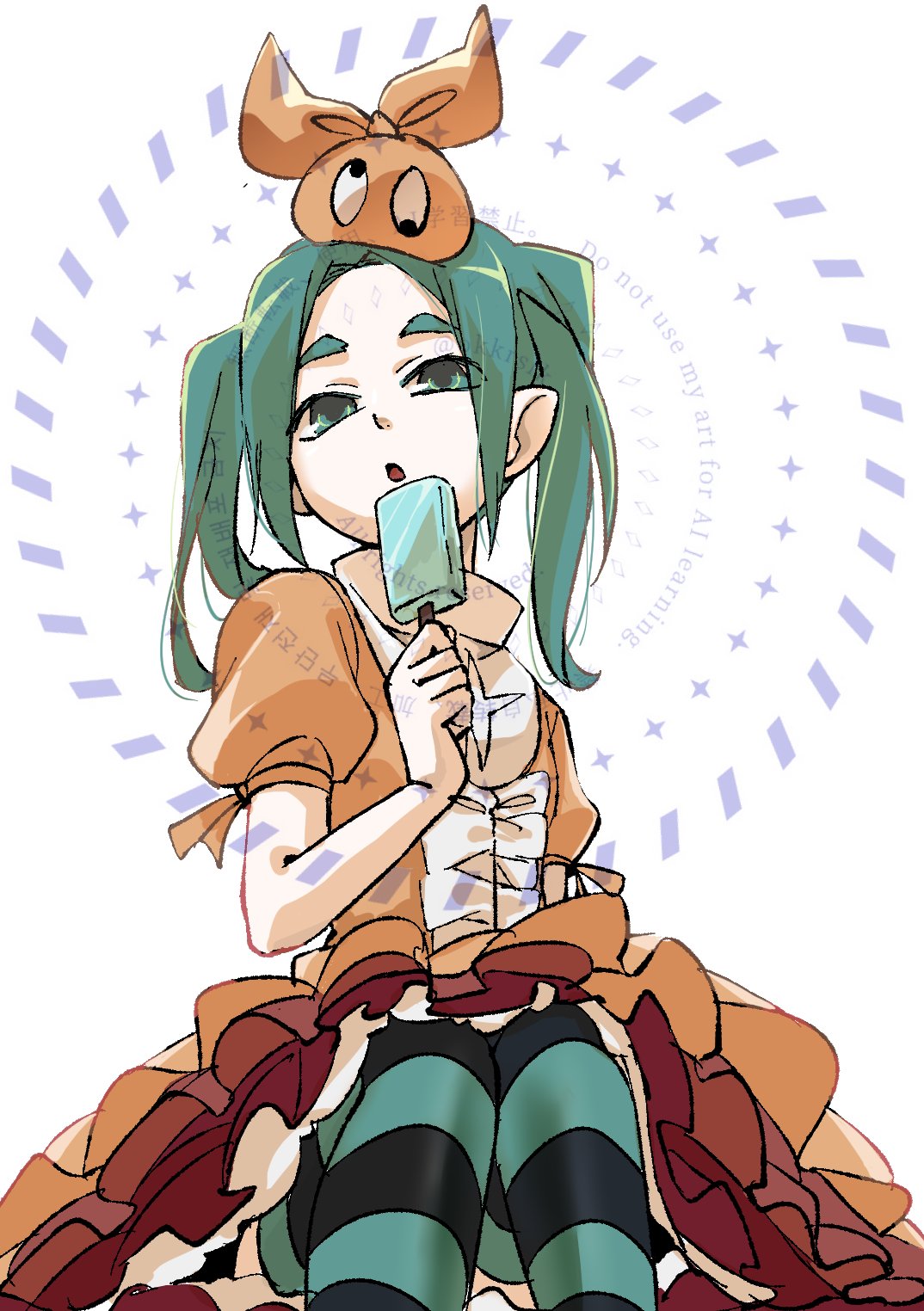 1girl, aqua_eyes, aqua_hair, aqua_pantyhose, black_pantyhose, dress, food, frilled_dress