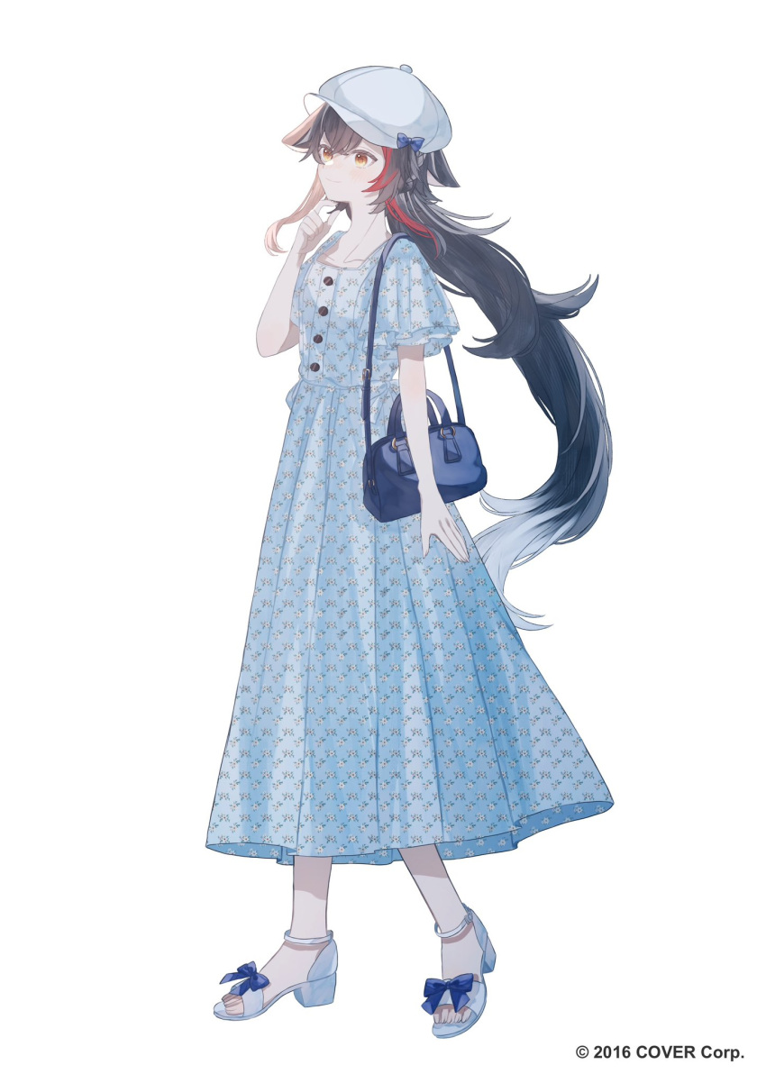 1girl, animal_ear_fluff, animal_ears, bag, black_hair, blue_bag, blue_bow, blue_dress