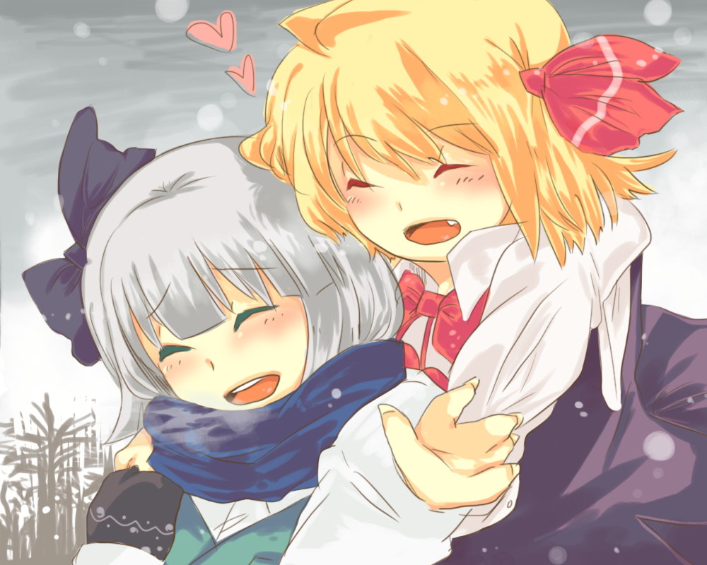 blonde_hair, closed_eyes, eyes_closed, fang, heart, hug, konpaku_youmu, multiple_girls