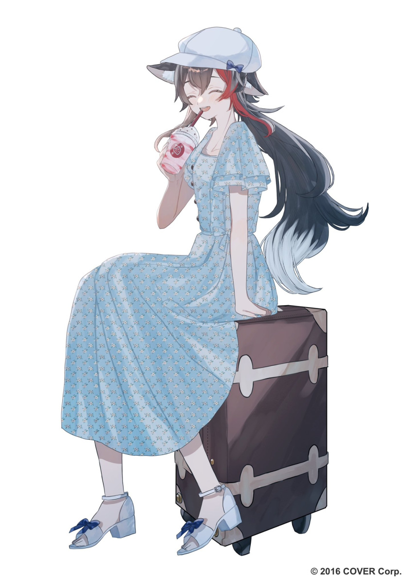 1girl, :d, animal_ear_fluff, animal_ears, black_hair, blue_bow, blue_dress, bow