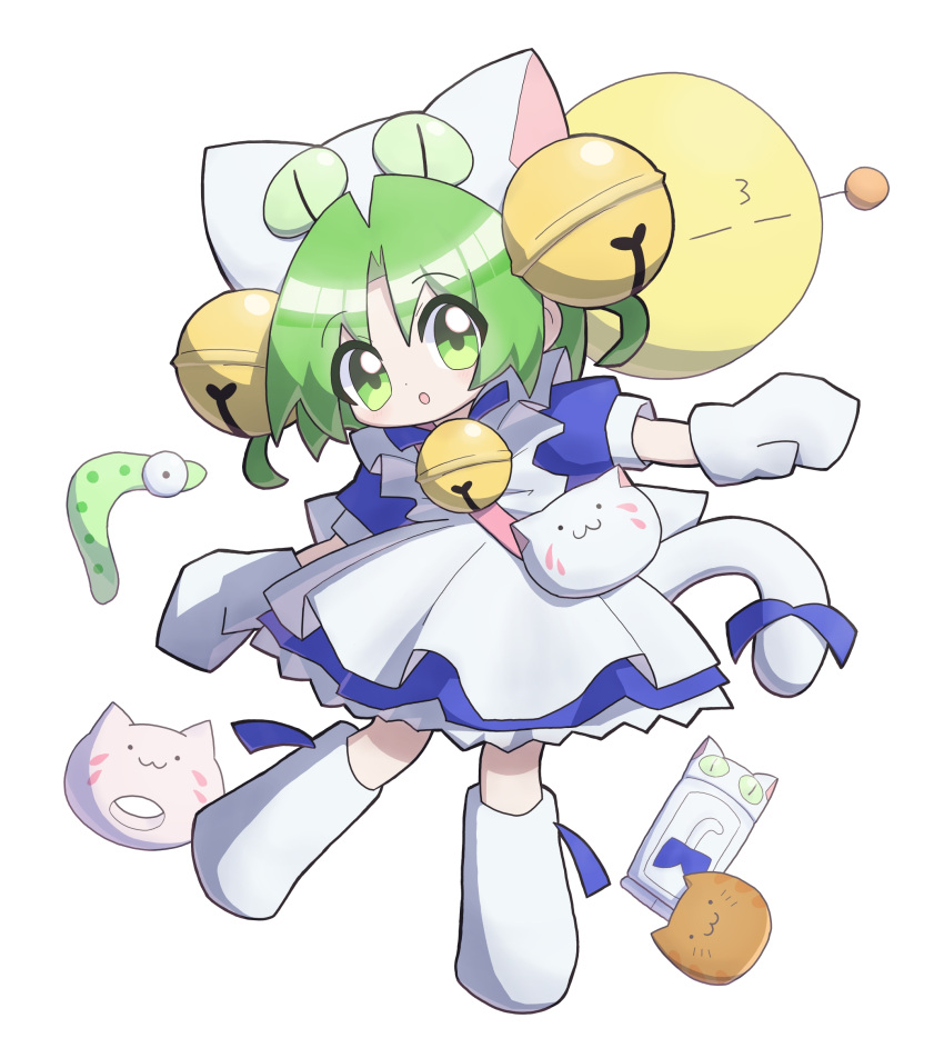 1girl, :o, absurdres, animal_ears, animal_hat, apron, bell, bow, cat_ears, cat_hat, cat_tail, commentary, dejiko, di_gi_charat, di_gi_charat_nyo!, dress, gema, gloves, green_eyes, green_hair, hair_bell, hair_ornament, hat, highres, jingle_bell, looking_at_viewer, open_mouth, robonormal, short_hair, short_sleeves, solo, tail, white_background