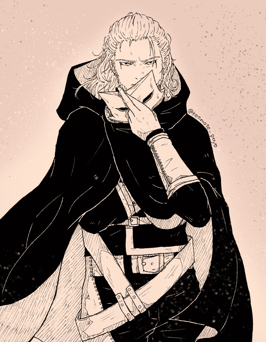 1boy, artist_name, beard, belt, black_cloak, boruto:_naruto_next_generations, cloak, closed_mouth, cowboy_shot, eye_mask, facial_hair, highres, holding, holding_mask, kashin_koji_(boruto), koomotepoyo, male_focus, mask, medium_hair, monochrome, naruto_(series), solo, unworn_mask