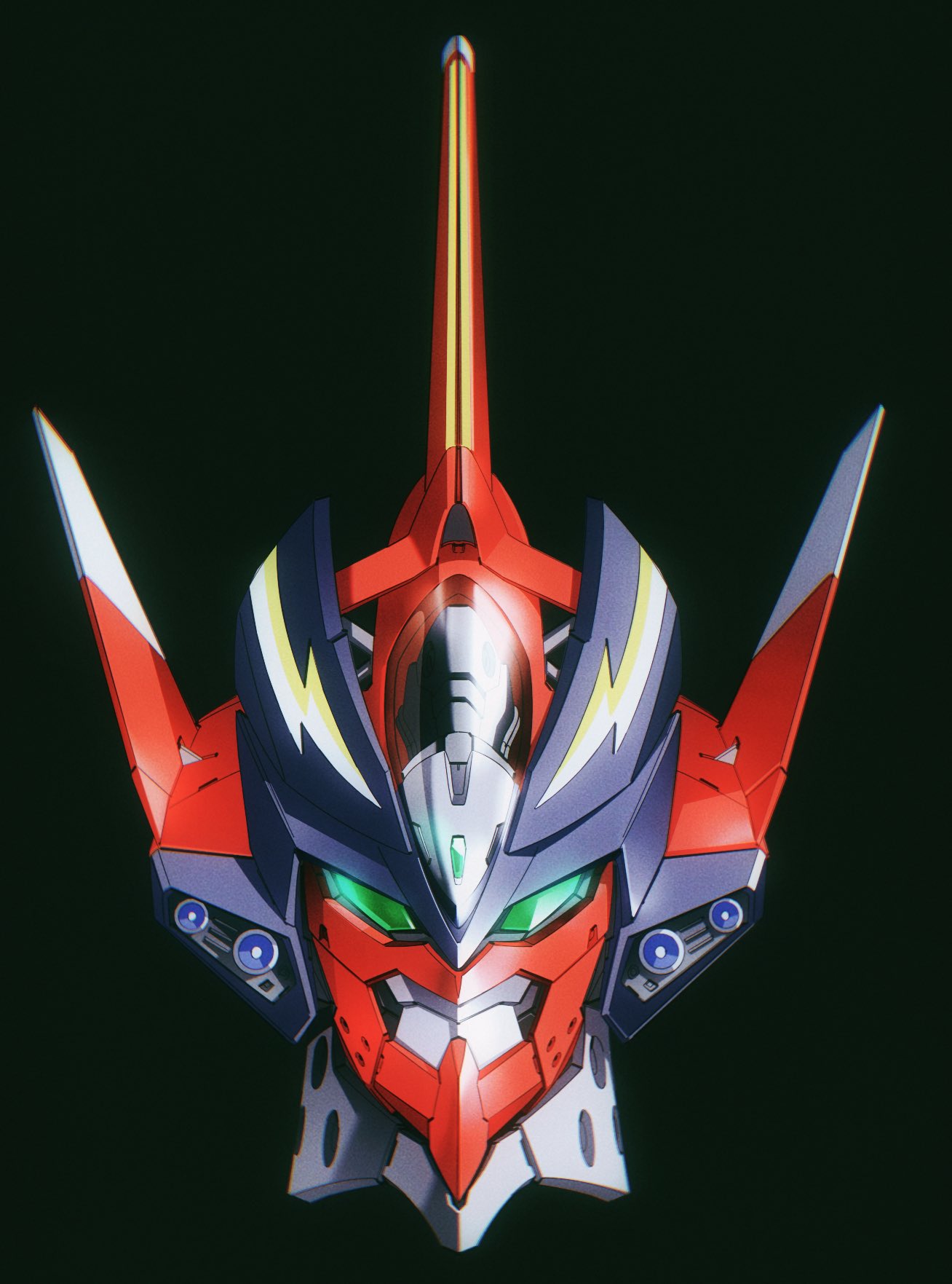 black_background, chinese_commentary, commentary, fire_valkyrie, green_eyes, head_only, highres, looking_at_viewer, macross, macross_7, mecha, mosiaz328, no_humans, original, redesign, robot, science_fiction, simple_background